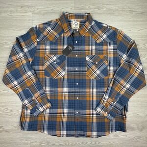 Dubinik Men's Flannel Shirt Western Plaid Pearl Snap Blue Orange 3XL NWT